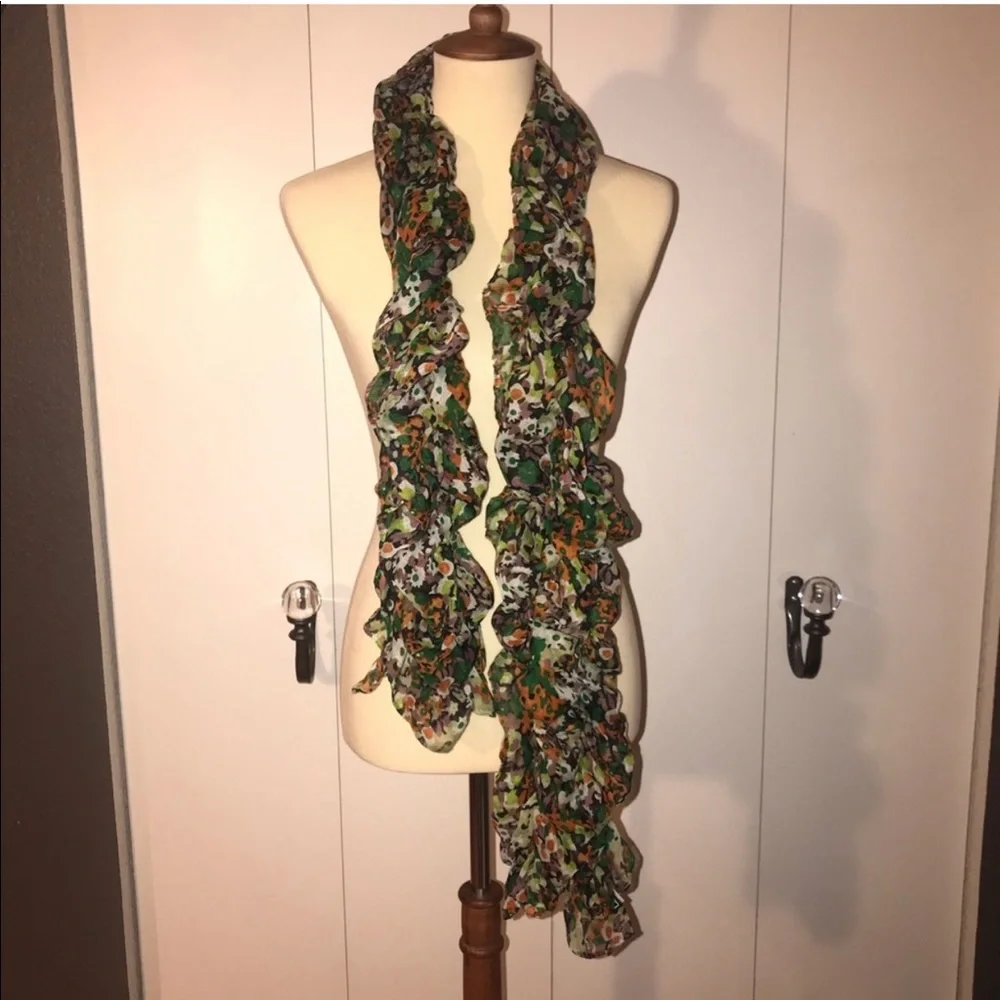 Bundle of two scarves. Green floral scrunched scarf and dark pink/ mauve scarf